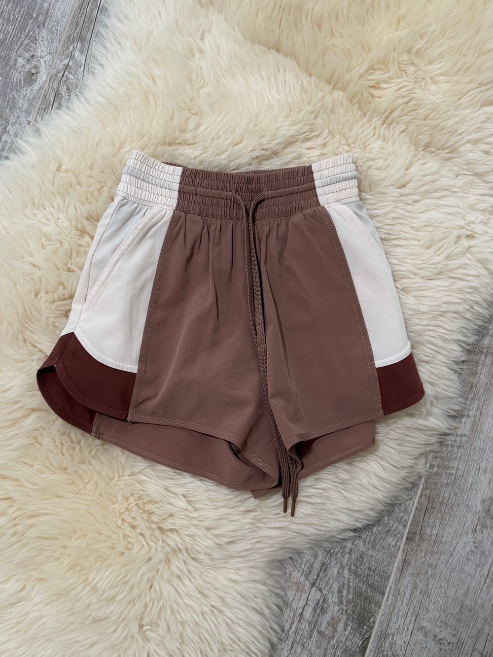 YPB Abercrombie Women's Colorblock Athletic Shorts in brown and taupe